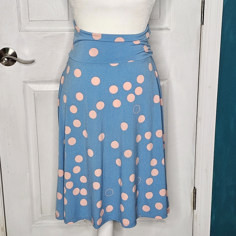 LuLaRoe Blue and Peach Polka Dot Azure Skirt